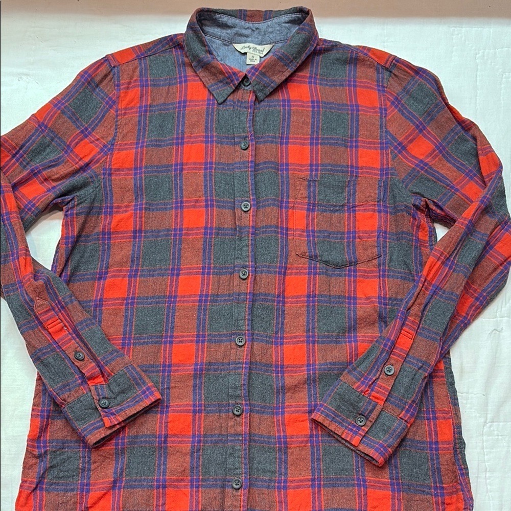 Lucky Brand Men Small Red Grey Plaid Flannel Long Sleeve Button Down Shirt S